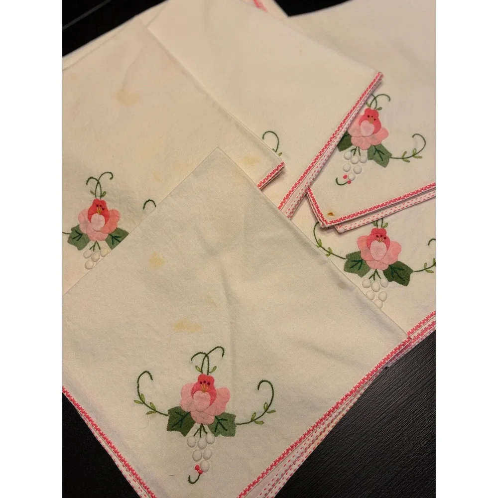 Vintage Embroidered Floral Tablecloth Rectangular 64x110 White Pink 10 Napkins*